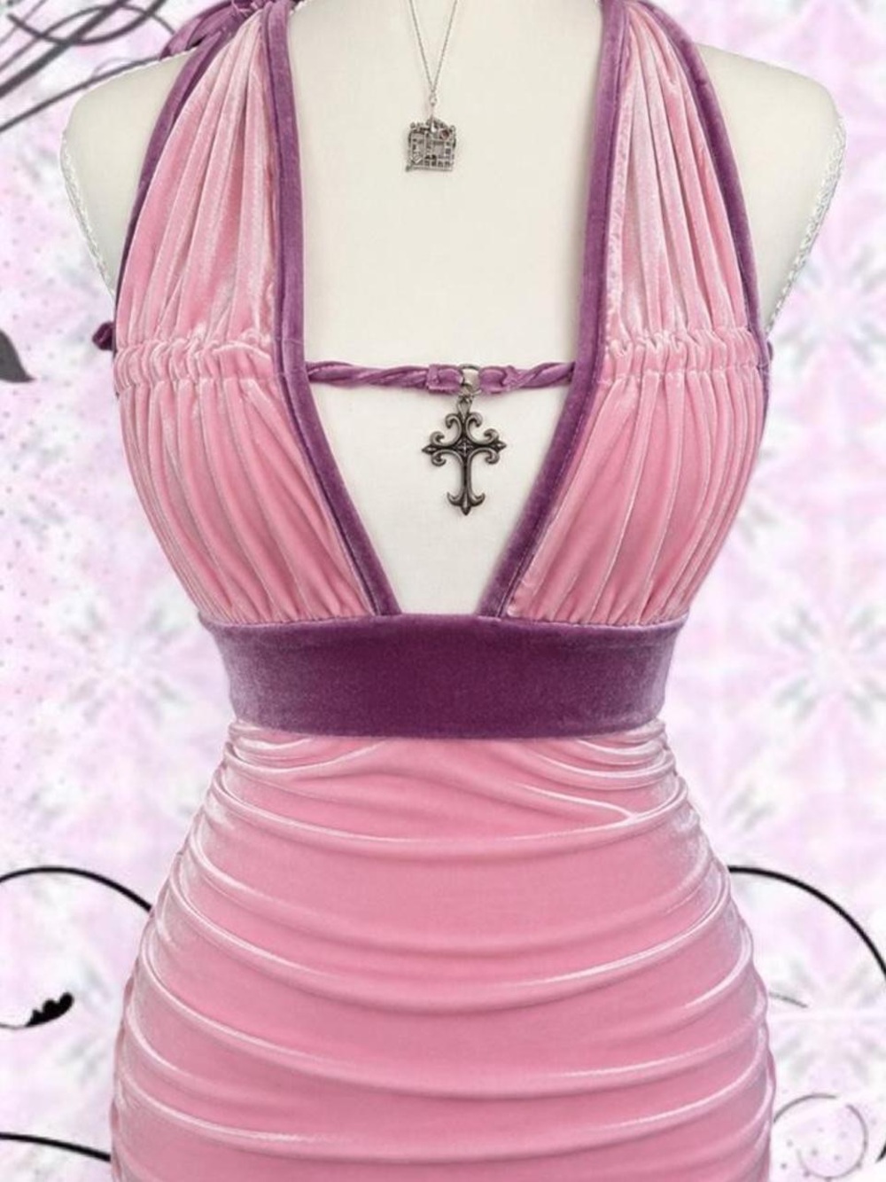 Dolls Kill Pink & Purple Pastel Velvet-Trim Rouched Dress